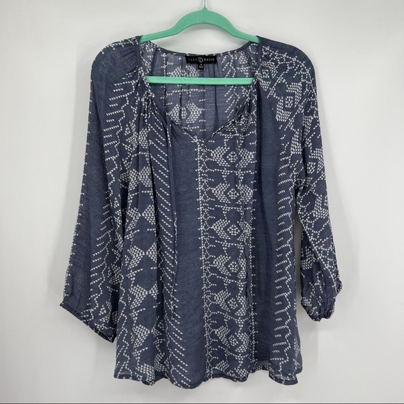 Fred David Geometric Three Quarter Sleeves Scoopneck Drawstring Blue Blouse - Picture 2 of 7